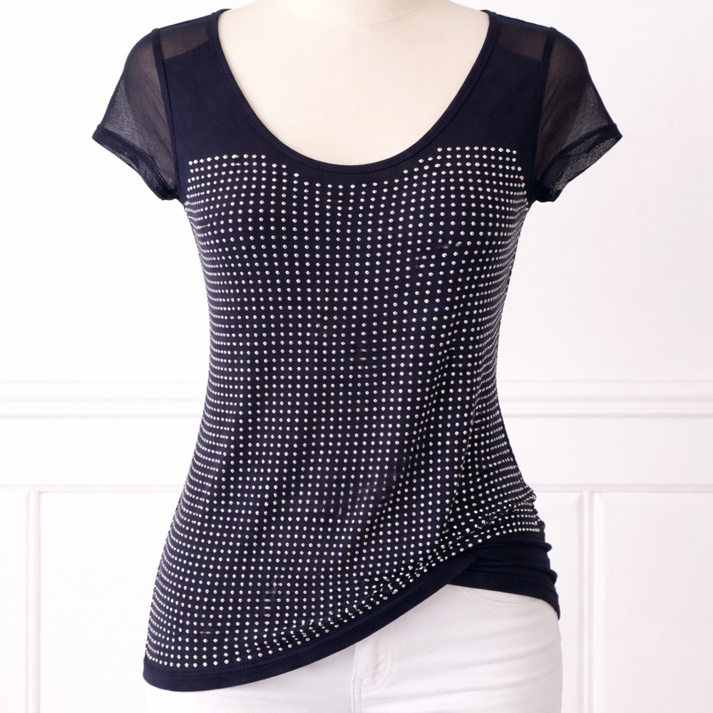 INC International Concepts Black Short-Sleeve Scoop Neck Studded Top